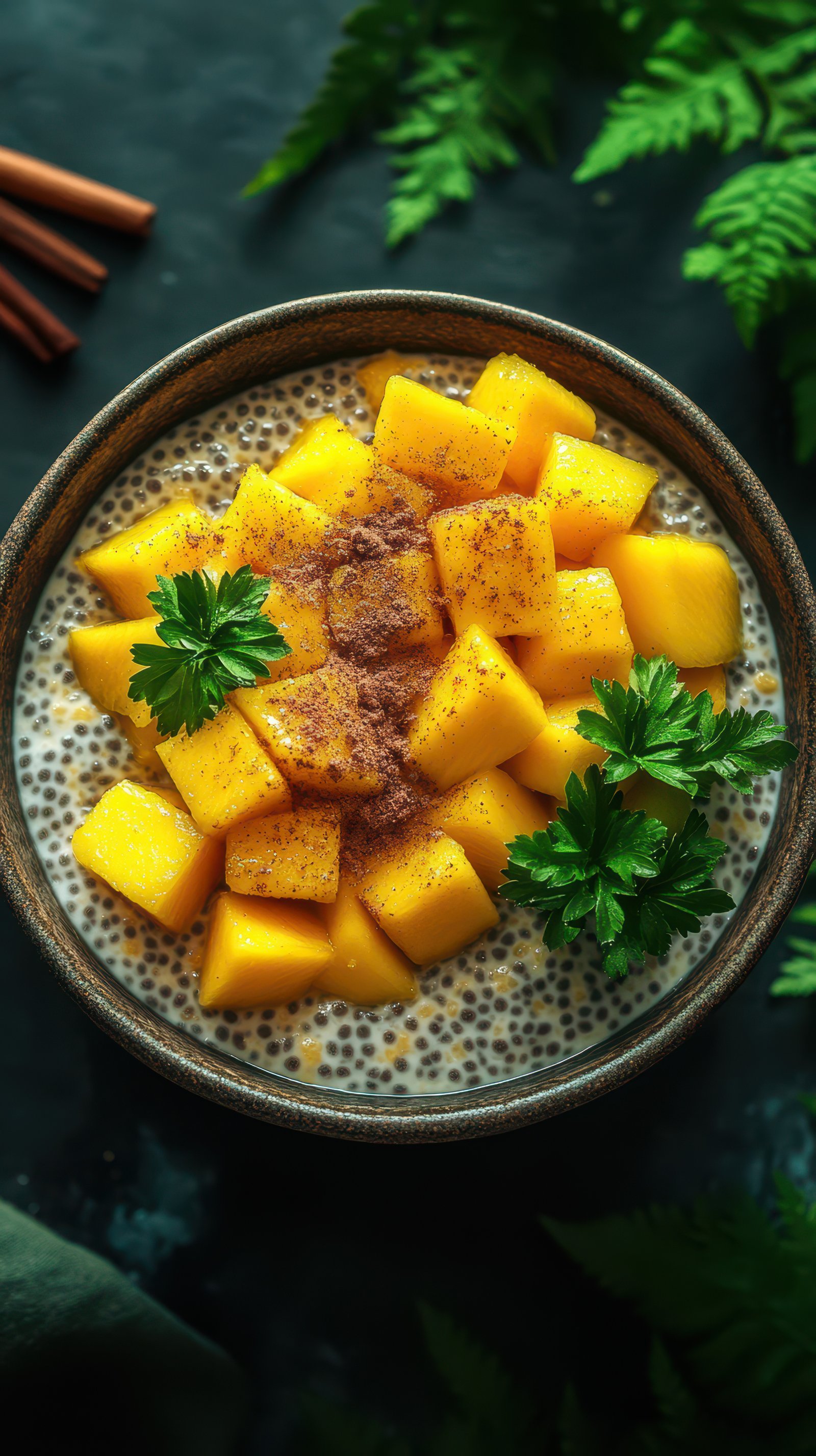 Mango chia pudding topped with fresh mango, cinnamon, and herbs on a dark background